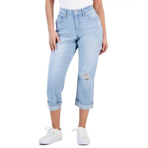 Style & Co Womens Petite 4P Distressed Mid-Rise Curvy-Fit Roll Cuff Capri Jeans - Picture 1 of 8